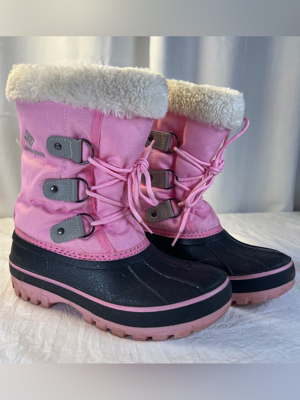 Dream Pairs Girls sz4 Pink&Black Winter Snow Boots Faux Fur Trim Glitter Zip&Tie